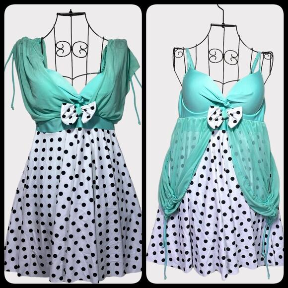 Polka Dot One Piece Swim Dress Boy Shorts Size US 6 Turquoise Black White - Picture 8 of 11